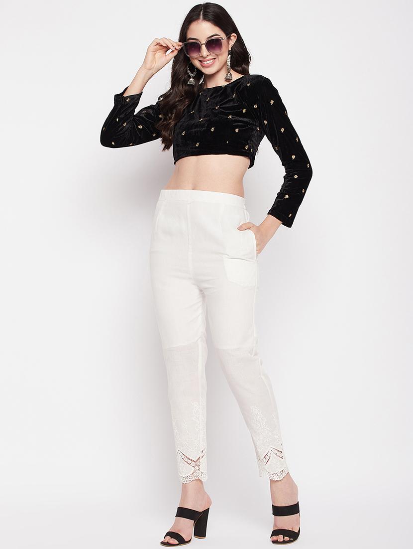 white solid lace detailed pleated trouser - 19815140 - Standard Image - 3