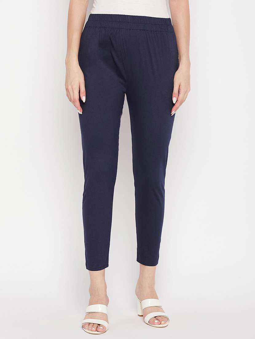 navy blue solid mid rise trouser