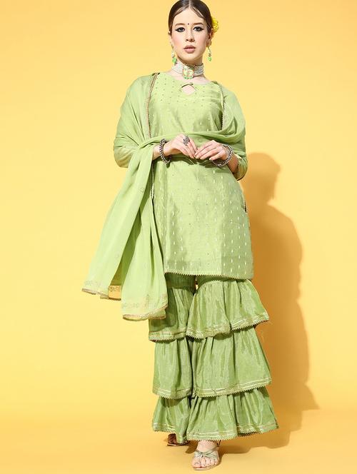 green solid kurta sharara set with dupatta - 19816607 - Standard Image - 0