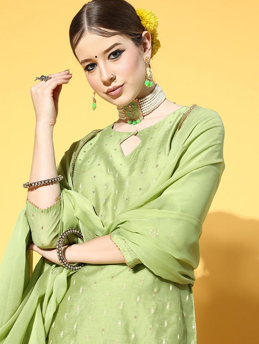 green solid kurta sharara set with dupatta - 19816607 - Standard Image - 3