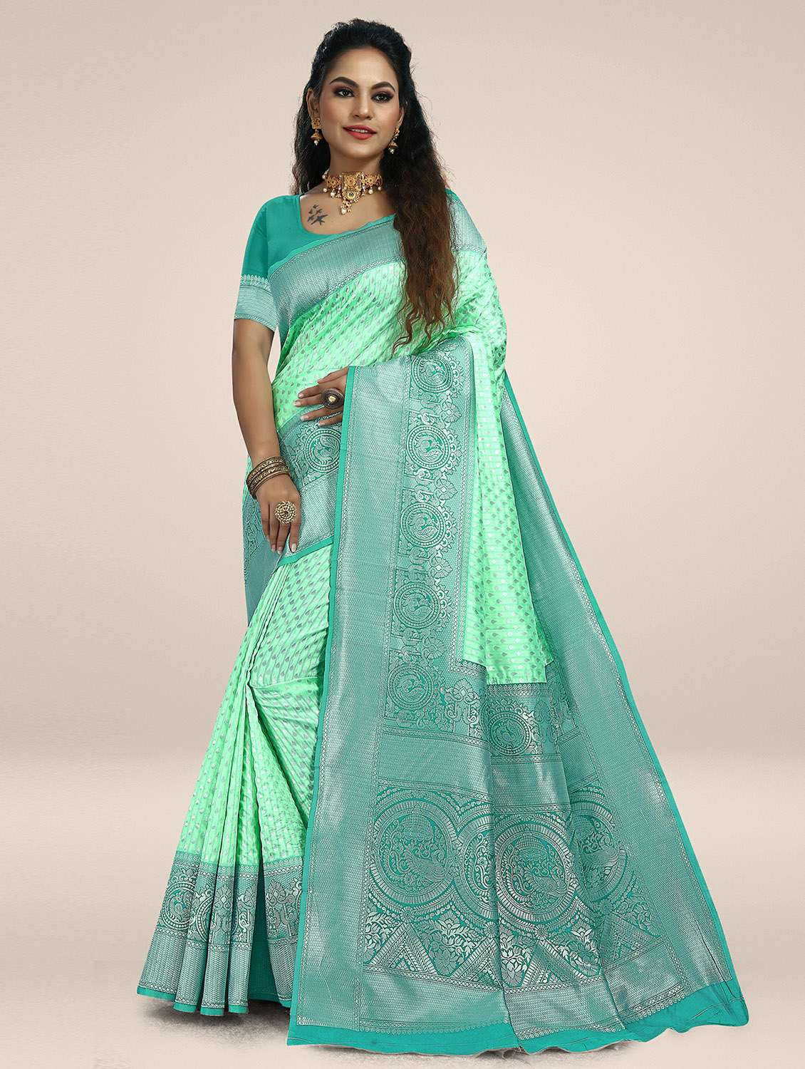 mint green self design woven saree - 19825592 - Zoom Image - 0