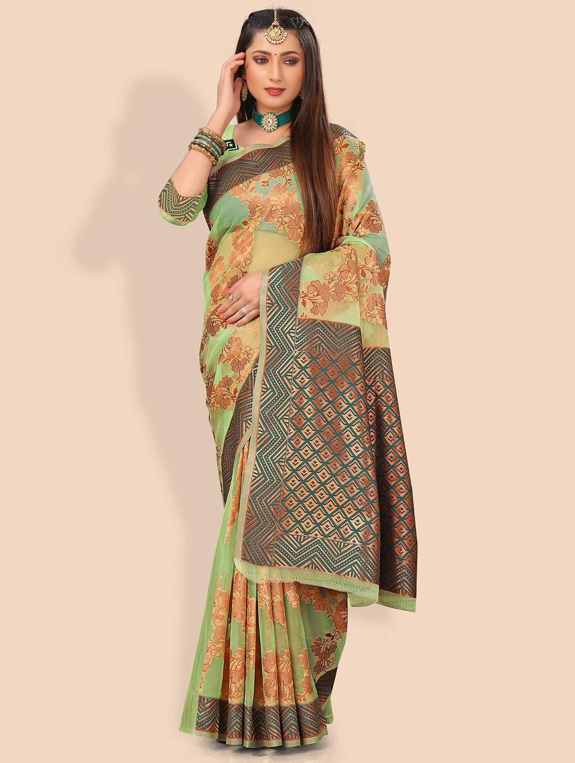mint green self design woven saree with blouse - 19825596 - Zoom Image - 0