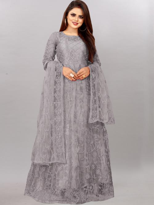 grey embroidered fit & flare gown - 19826057 -  Standard Image - 0
