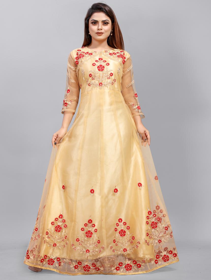 beige embroidered fit & flare gown - 19826077 - Zoom Image - 0