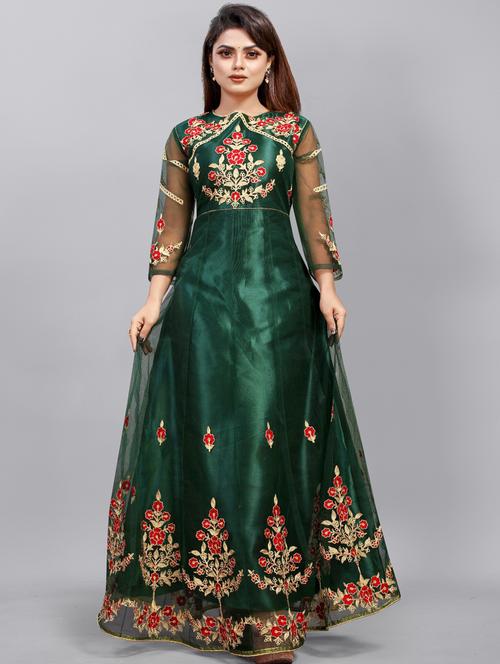 green embroidered fit & flare gown - 19826078 - Standard Image - 0