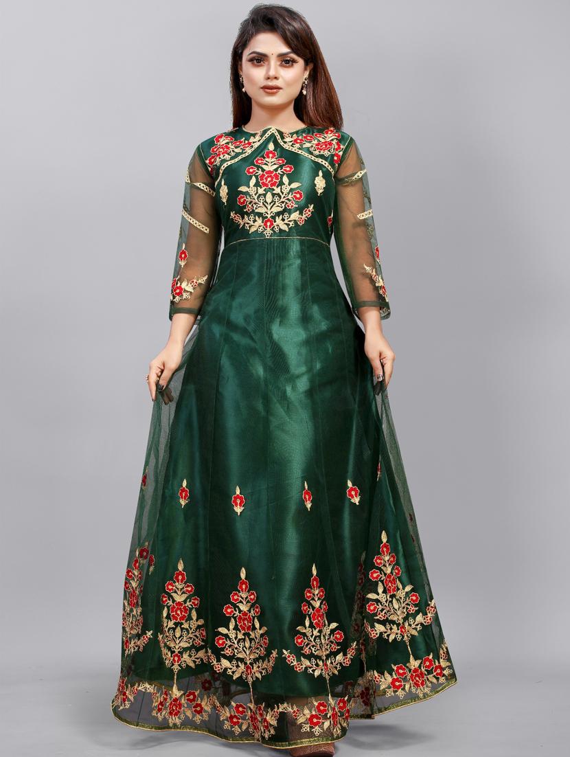 green embroidered fit & flare gown - 19826078 - Zoom Image - 0