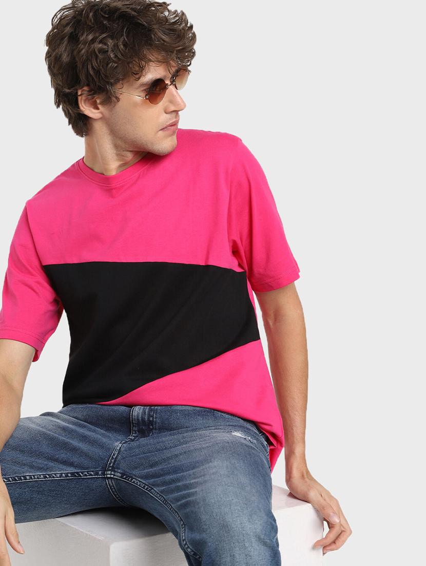 pink half sleeve color blocked round neck t-shirt - 19826875 - Zoom Image - 0