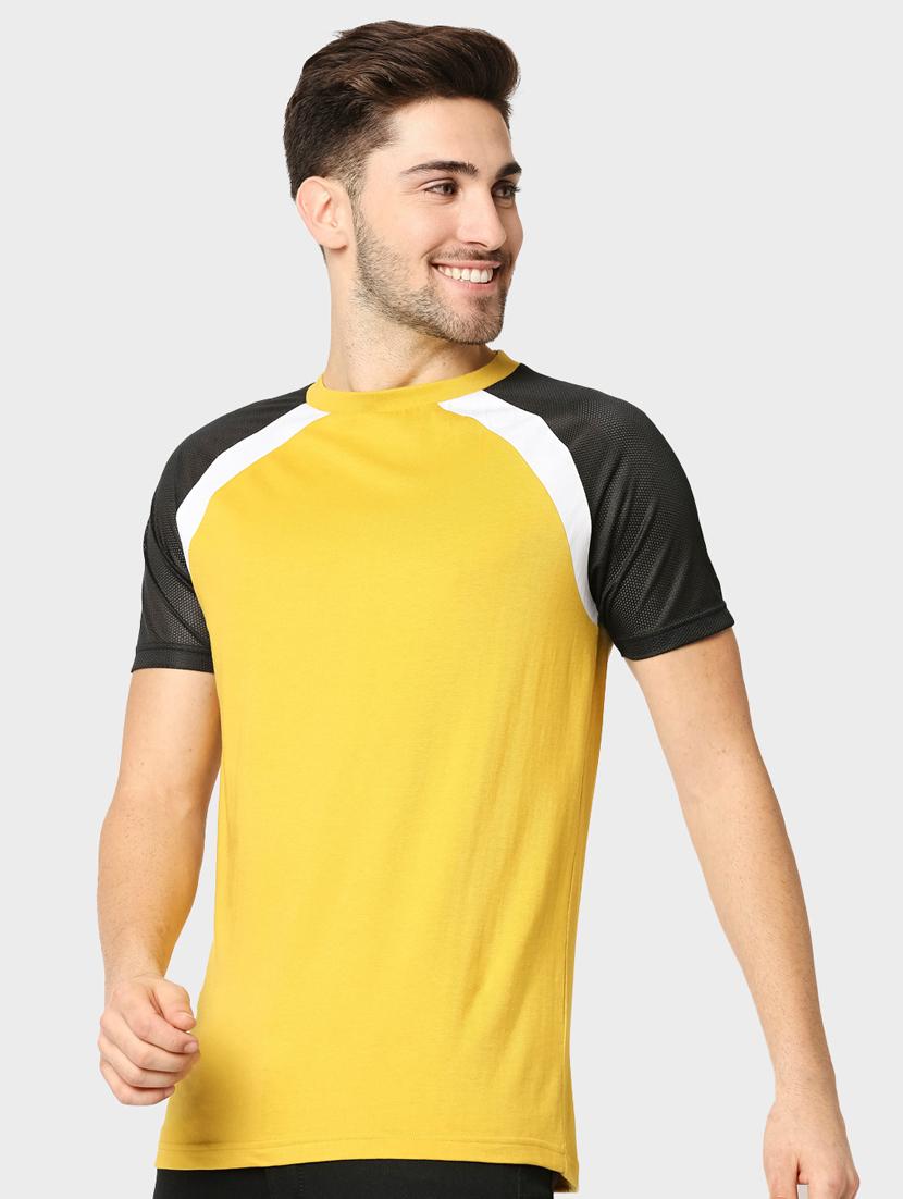 yellow half sleeve color blocked round neck t-shirt - 19826877 - Zoom Image - 0