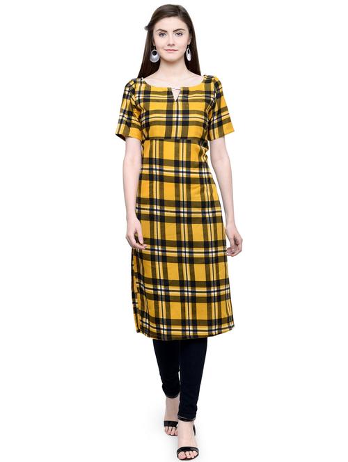 yellow checks straight kurta - 19832321 - Standard Image - 0