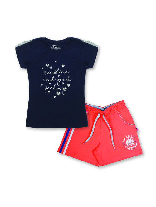 girls round neck typography printed shorts set - 19840817 -  Standard Image - 0