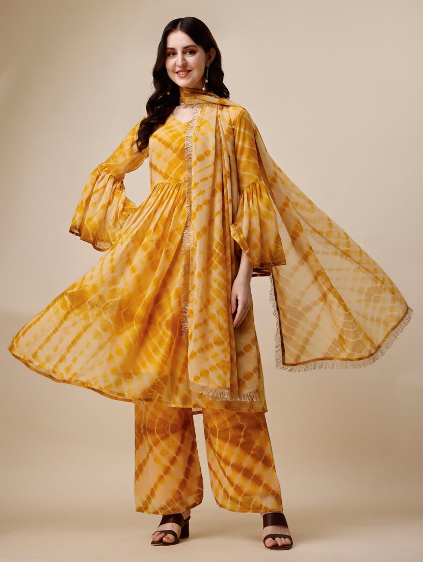 tie & dyed kurti with palazzos & dupatta - 19847105 -  Zoom Image - 0