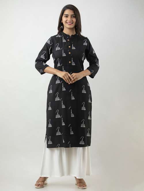 black printed three quarter sleeve kurta sharara set - 19847319 -  Standard Image - 0