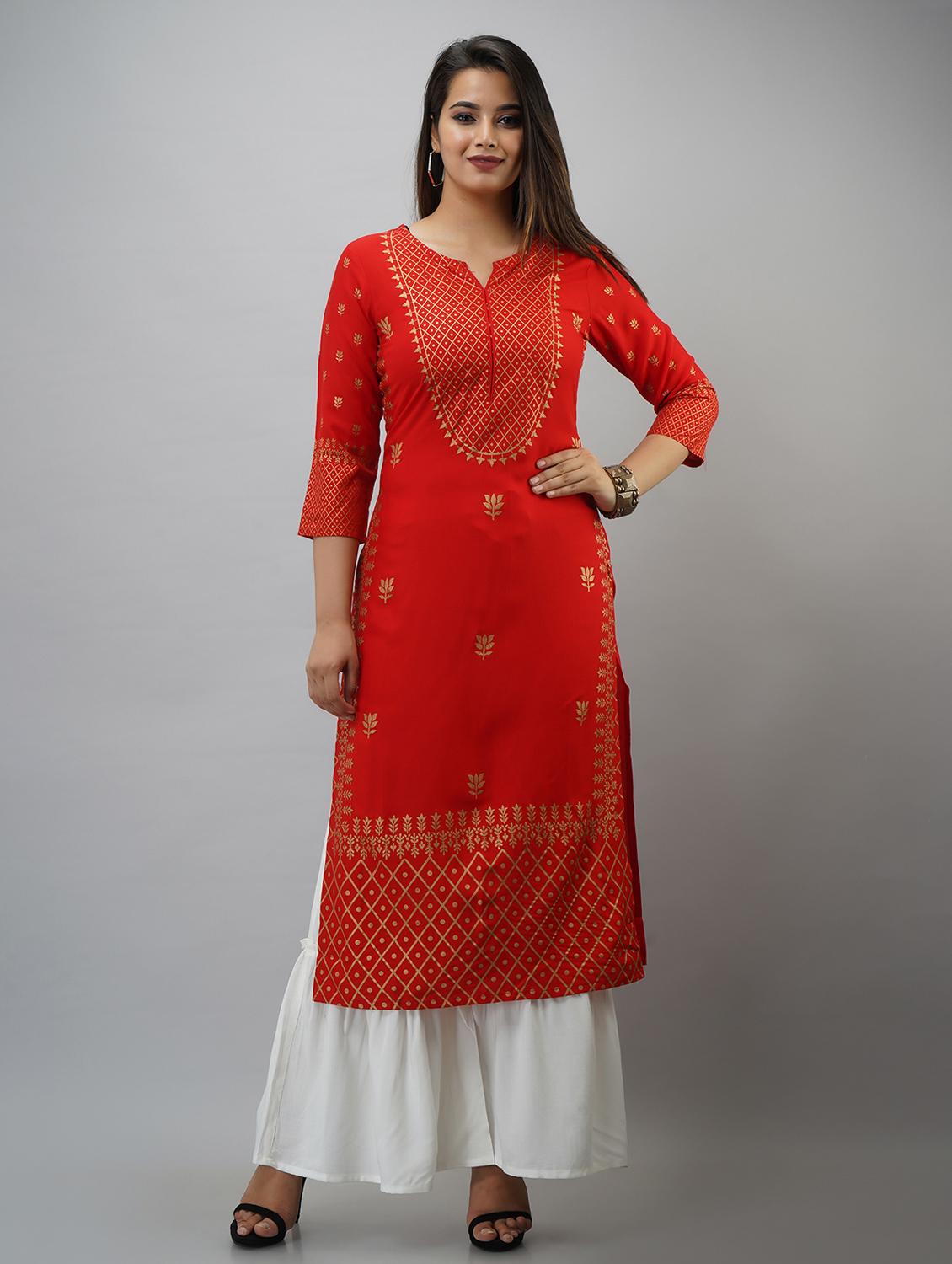 red printed three quarter sleeve kurta sharara set - 19847329 -  Zoom Image - 0
