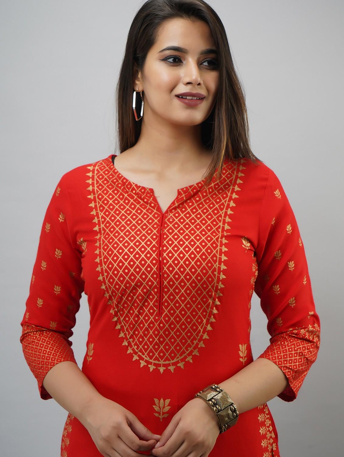 red printed three quarter sleeve kurta sharara set - 19847329 - Standard Image - 3