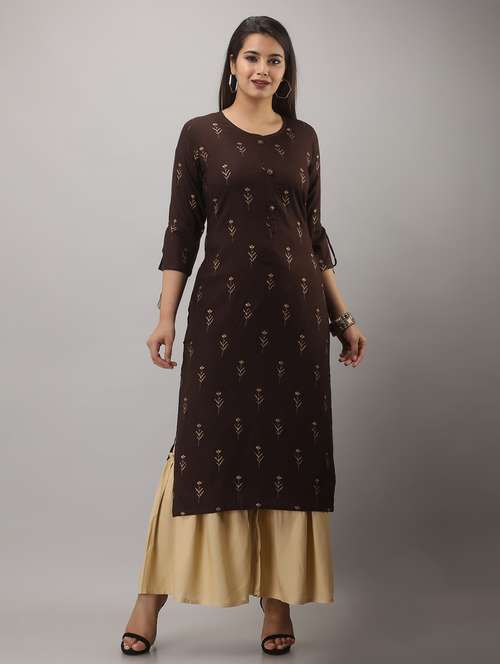 brown printed three quarter sleeve kurta sharara set - 19847335 -  Standard Image - 0