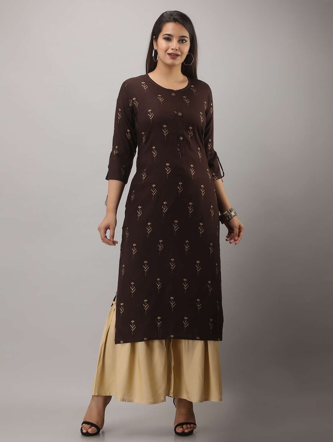 brown printed three quarter sleeve kurta sharara set - 19847335 -  Zoom Image - 0