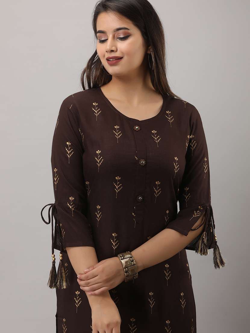 brown printed three quarter sleeve kurta sharara set - 19847335 - Standard Image - 3