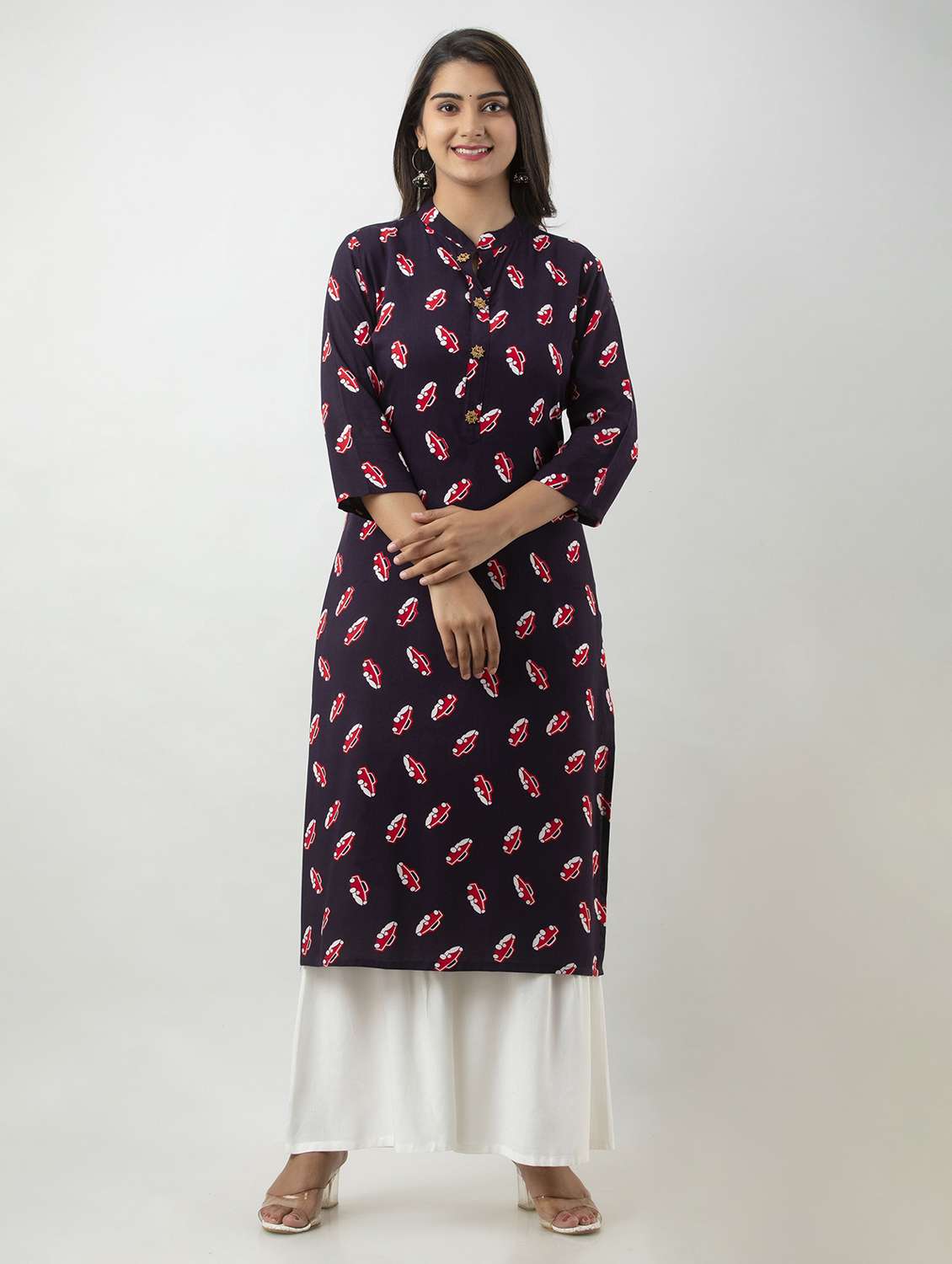 blue printed three quarter sleeve kurta sharara set - 19847341 -  Zoom Image - 0