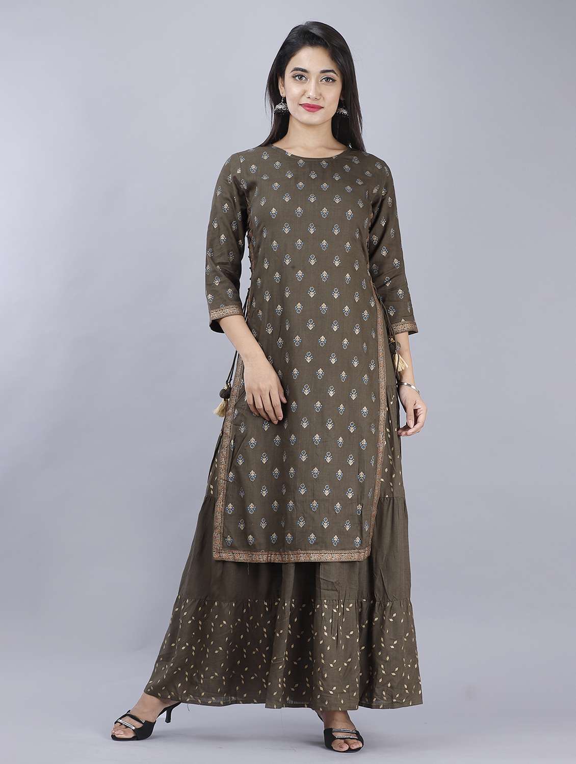 brown printed three quarter sleeve kurta sharara set