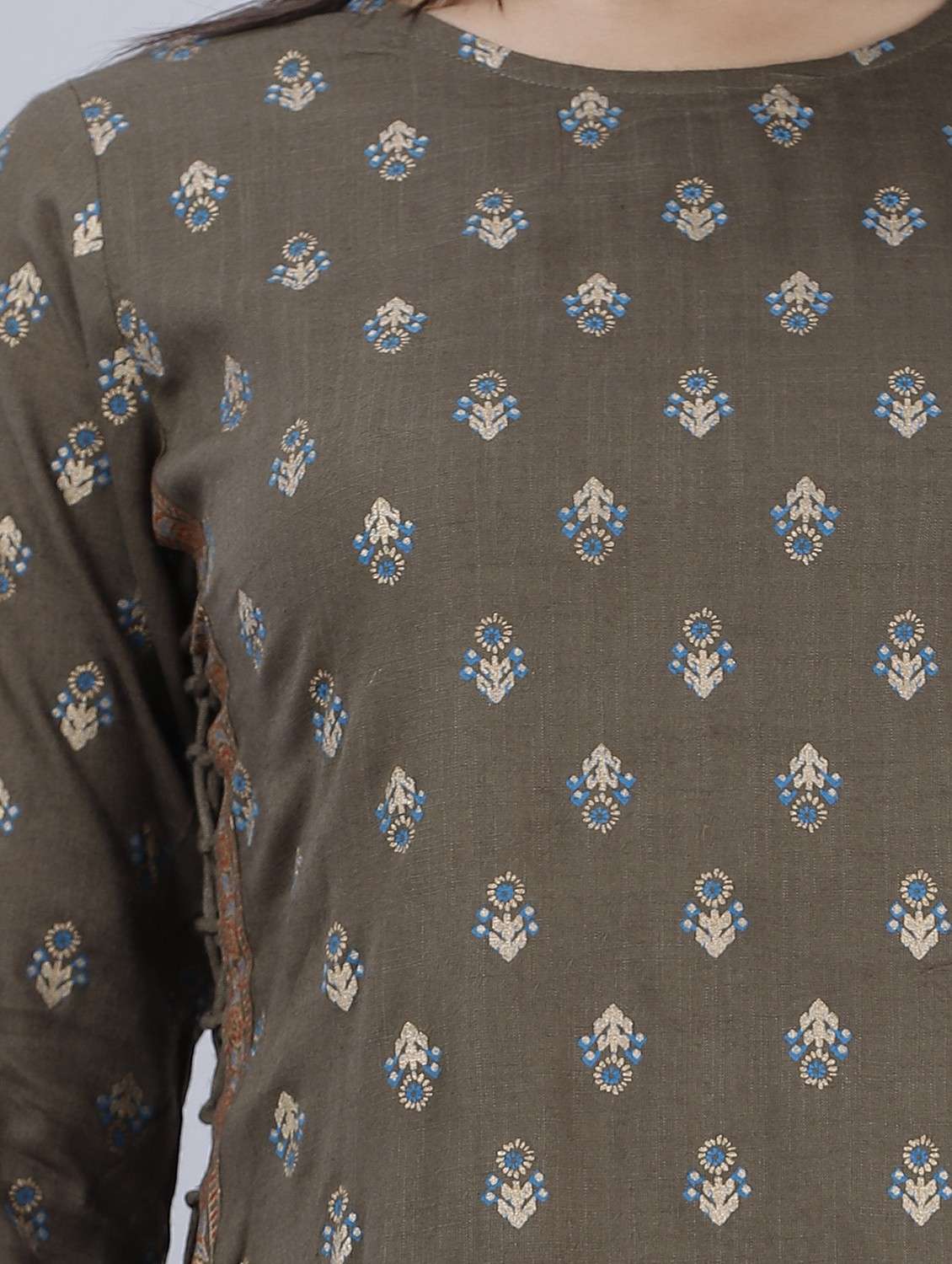 brown printed three quarter sleeve kurta sharara set - 19847345 -  Standard Image - 3