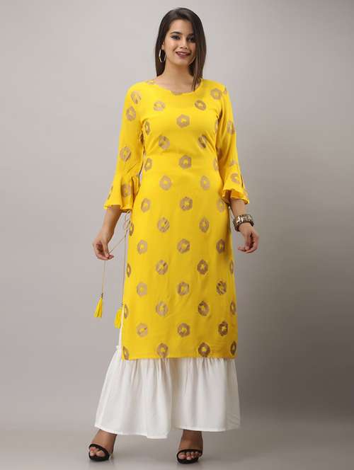 yellow printed three quarter sleeve kurta sharara set - 19847346 - Standard Image - 0