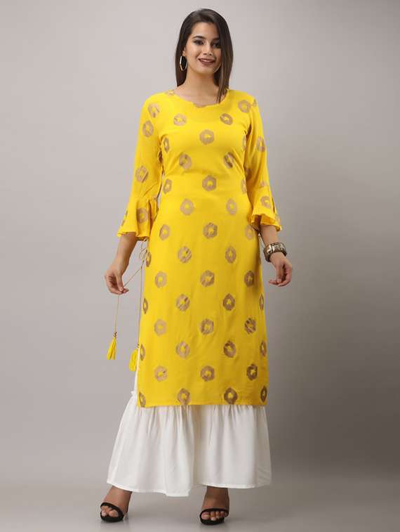 yellow printed three quarter sleeve kurta sharara set - 19847346 - Zoom Image - 0