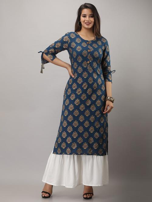 blue printed three quarter sleeve kurta sharara set - 19847358 -  Standard Image - 0
