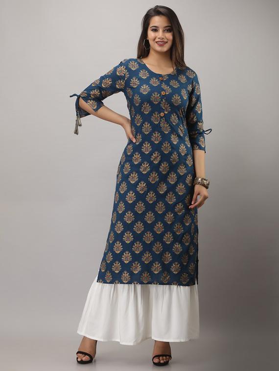 blue printed three quarter sleeve kurta sharara set - 19847358 -  Zoom Image - 0
