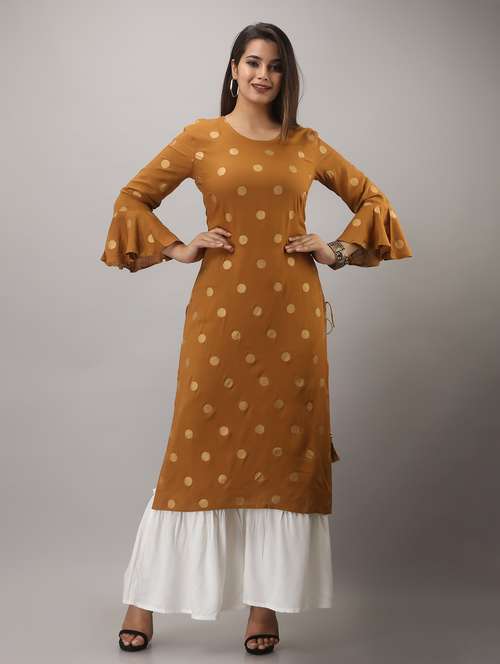 golden printed three quarter sleeve kurta sharara set - 19847364 -  Standard Image - 0