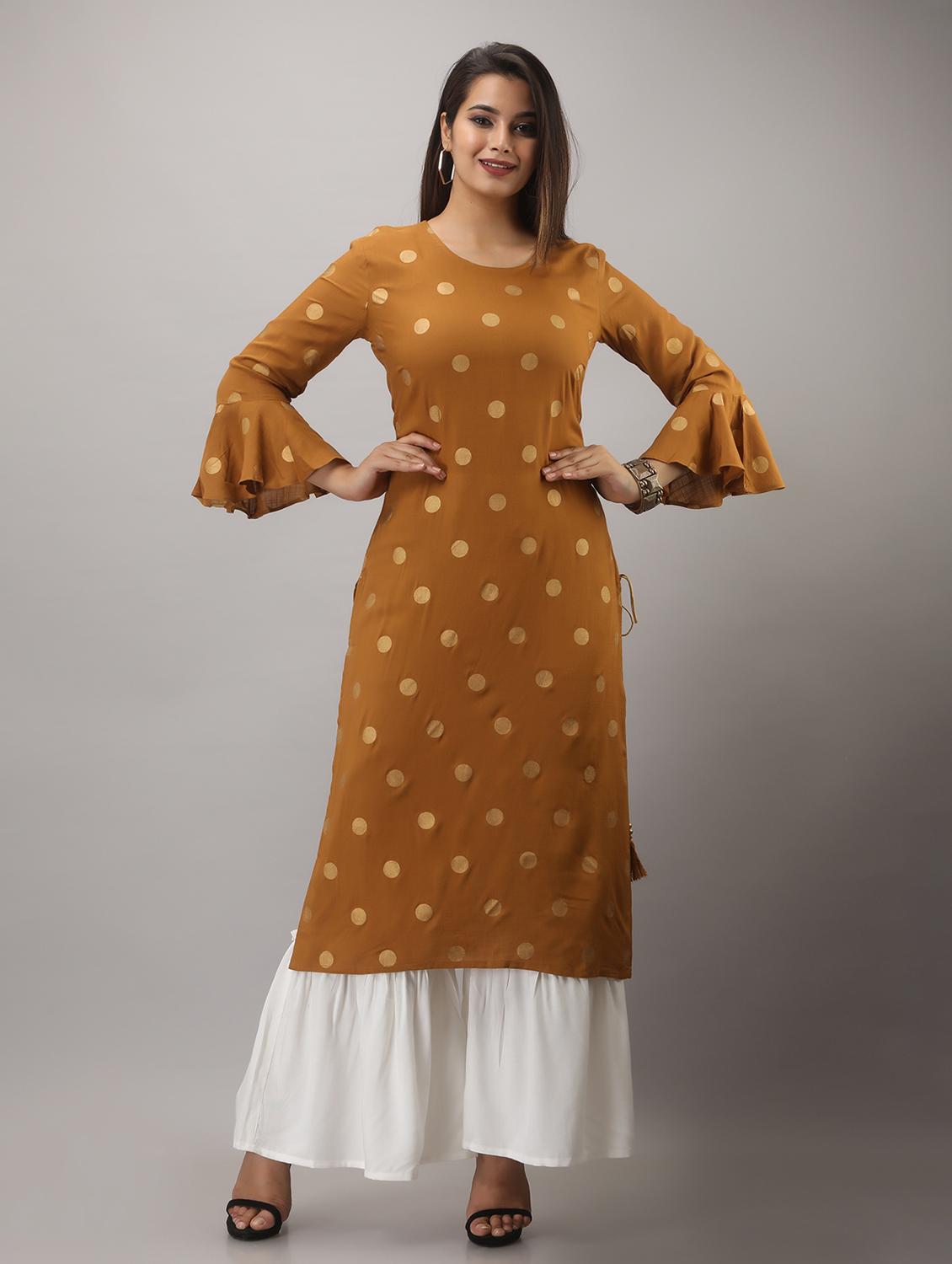 golden printed three quarter sleeve kurta sharara set - 19847364 -  Zoom Image - 0