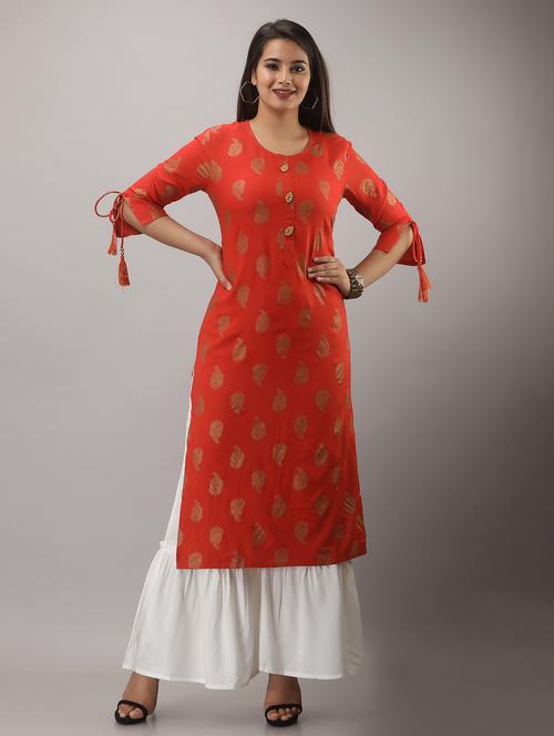 orange printed three quarter sleeve kurta sharara set - 19847365 - Standard Image - 0