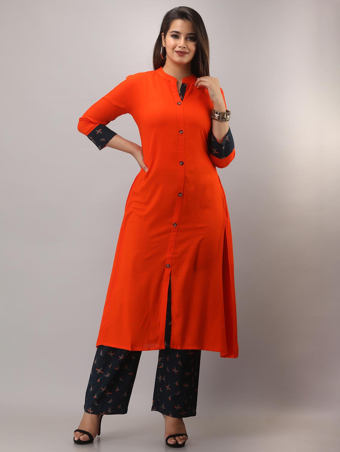 orange solid three quarter sleeve kurta palazzo set - 19847390 -  Zoom Image - 0