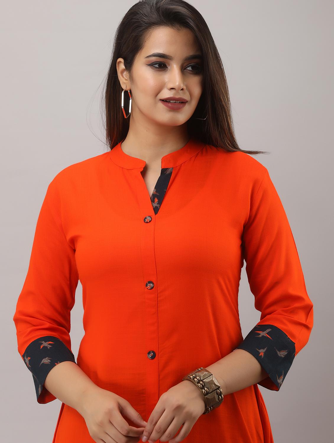 orange solid three quarter sleeve kurta palazzo set - 19847390 - Standard Image - 3