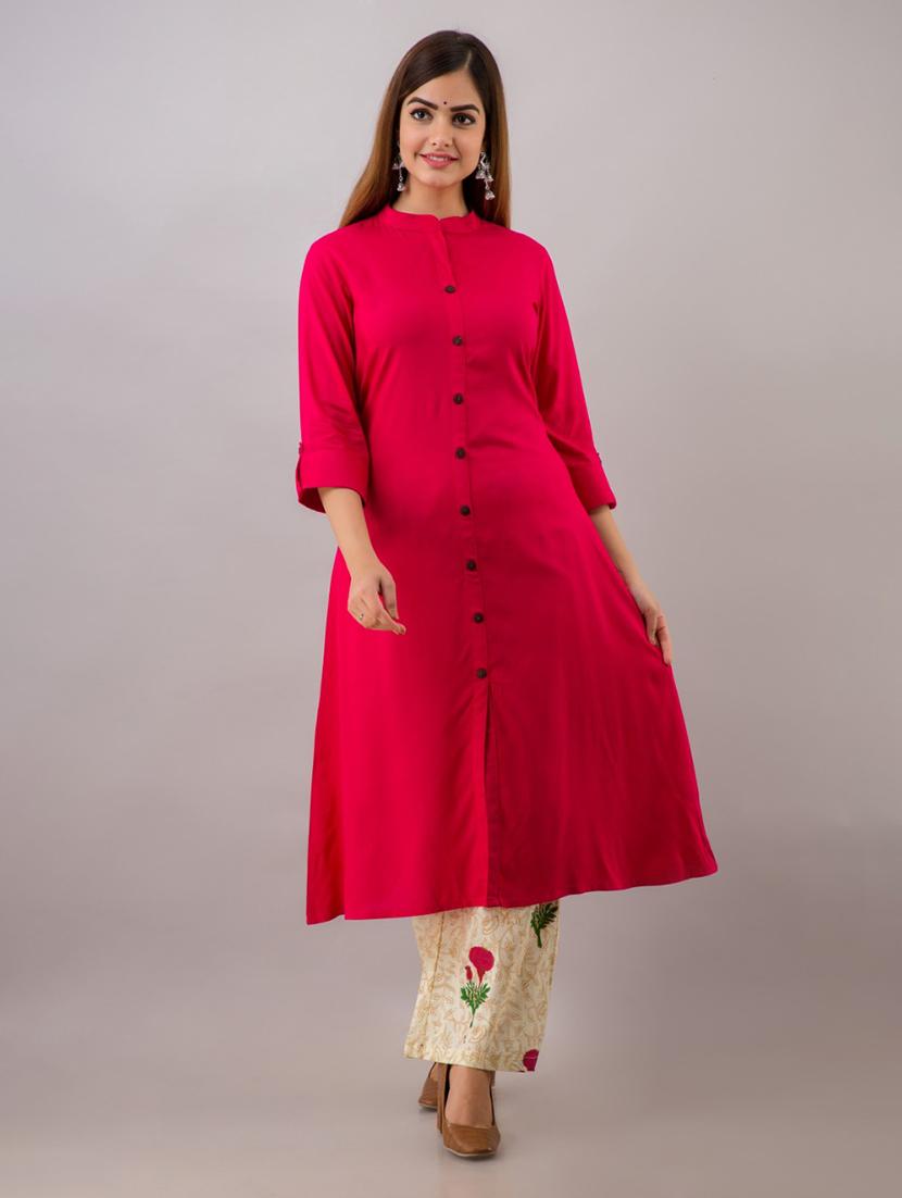 pink solid three quarter sleeve kurta palazzo set - 19847414 -  Zoom Image - 0
