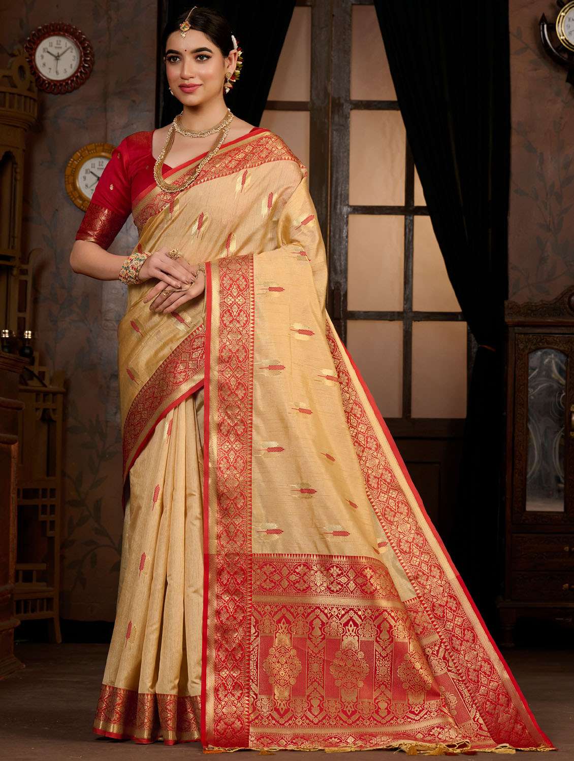 women's self design beige colored saree with blouse - 19848107 - Zoom Image - 0