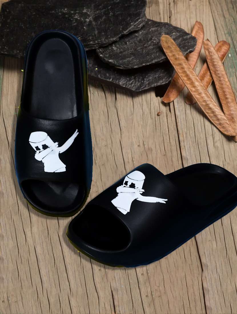 black rubber slip on flip flops