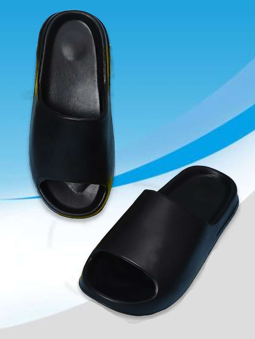 black rubber slip on flip flops