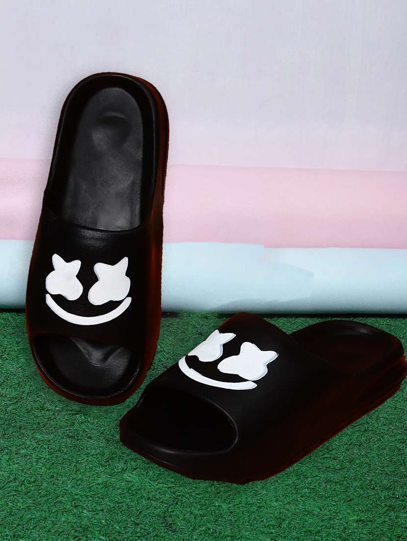 black rubber slip on flip flops