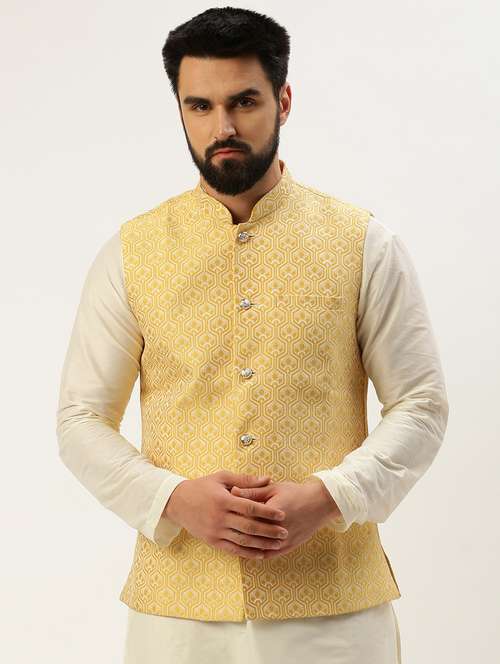 yellow silk blend nehru jacket - 19855926 - Standard Image - 0