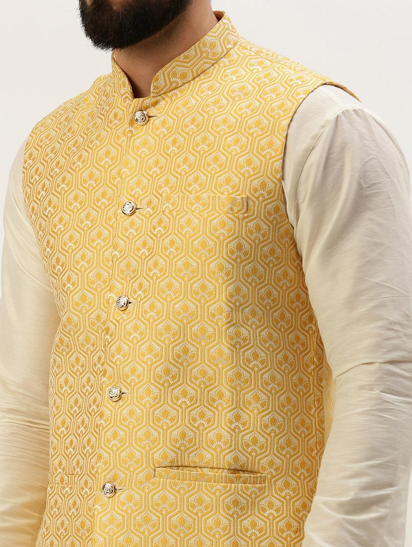 yellow silk blend nehru jacket - 19855926 - Standard Image - 5