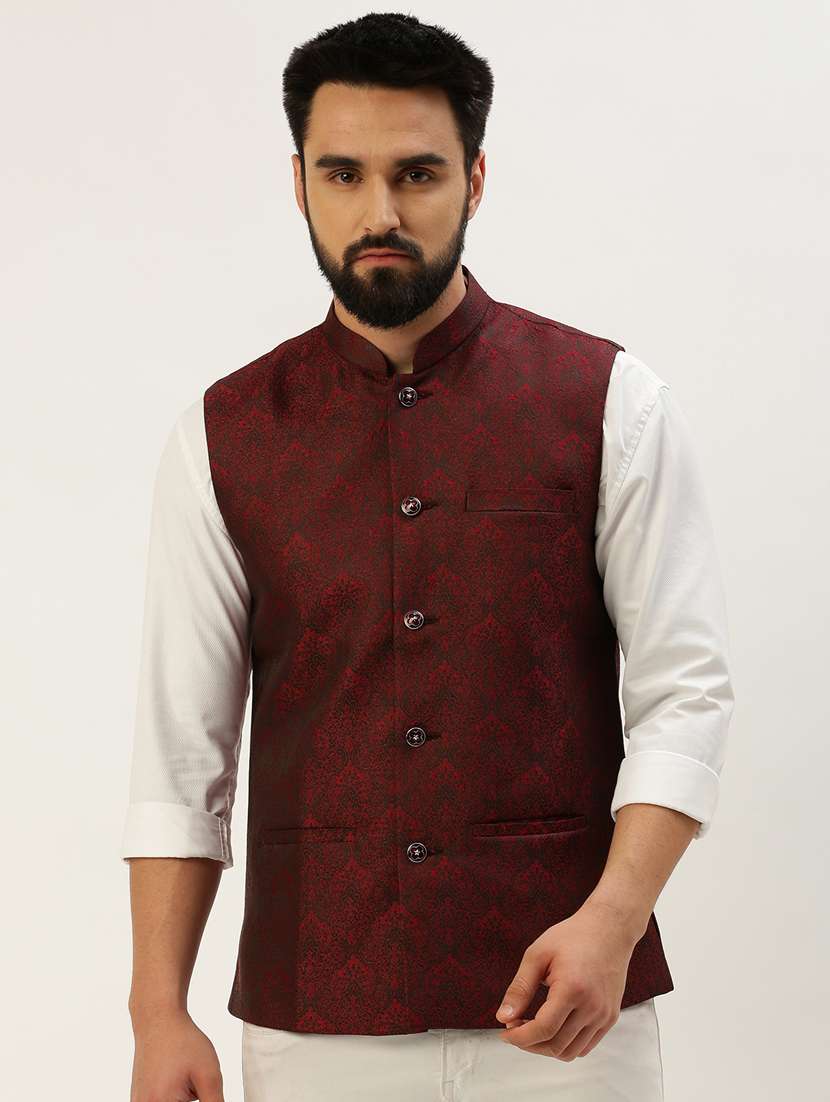 red silk blend nehru jacket