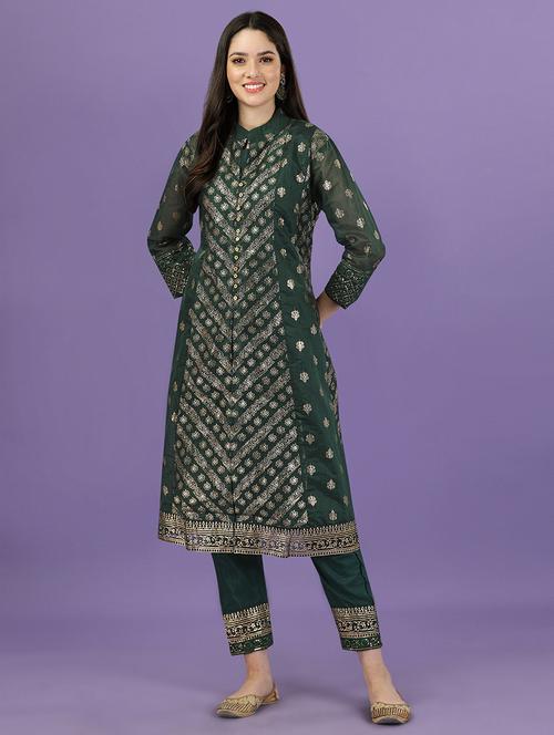 green chanderi kurta pant  set - 19856611 -  Standard Image - 0