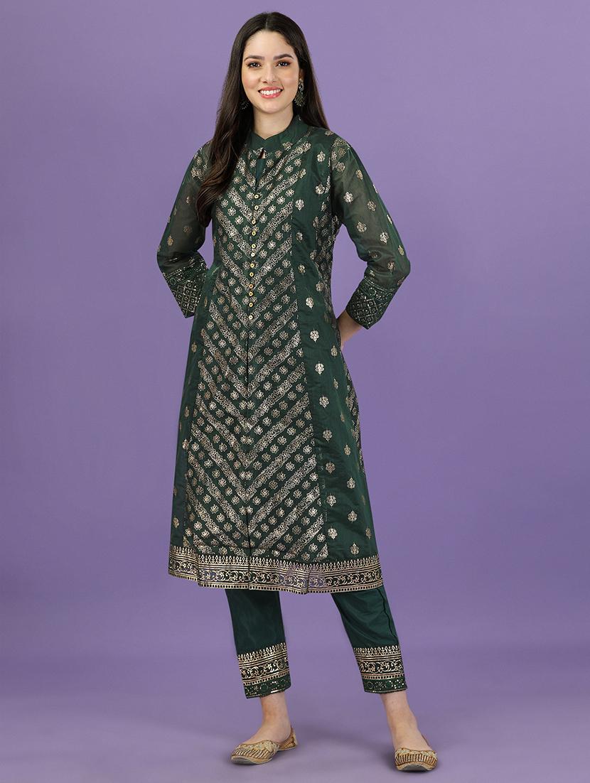 green chanderi kurta pant  set - 19856611 -  Zoom Image - 0
