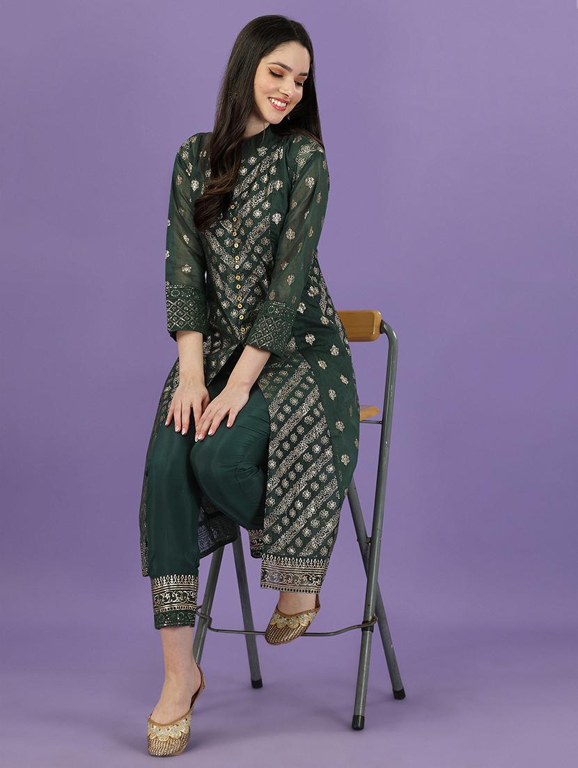 green chanderi kurta pant set - 19856611 - Standard Image - 3
