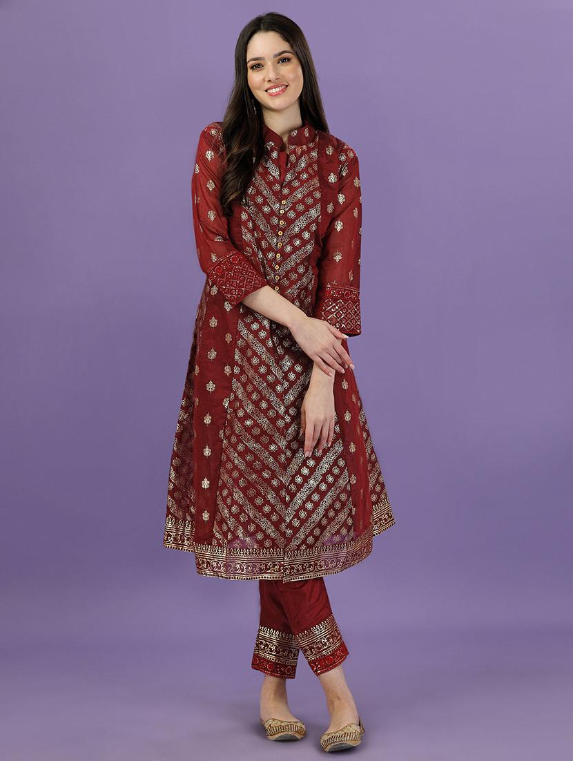 red chanderi kurta pant  set - 19856613 -  Zoom Image - 0