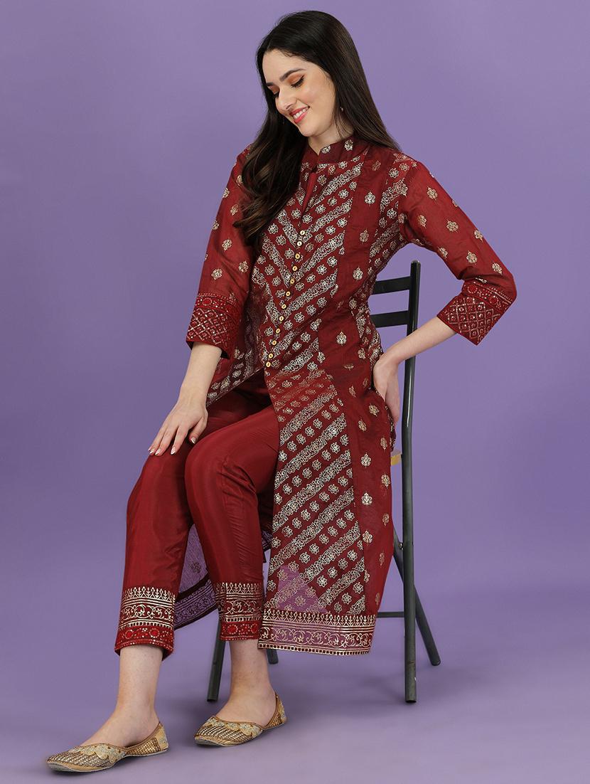 red chanderi kurta pant set - 19856613 - Standard Image - 3