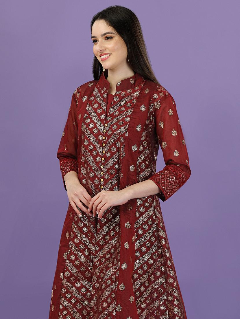 red chanderi kurta pant set - 19856613 - Standard Image - 5