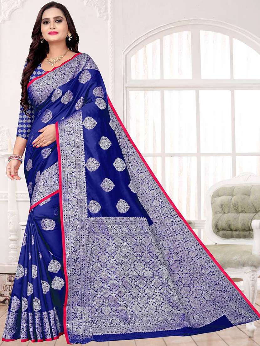 women's self design indigo colored saree with blouse