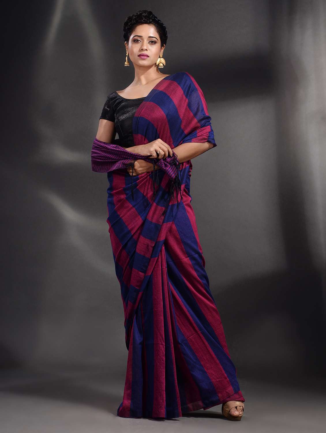 women's stripes magenta colored saree with blouse
