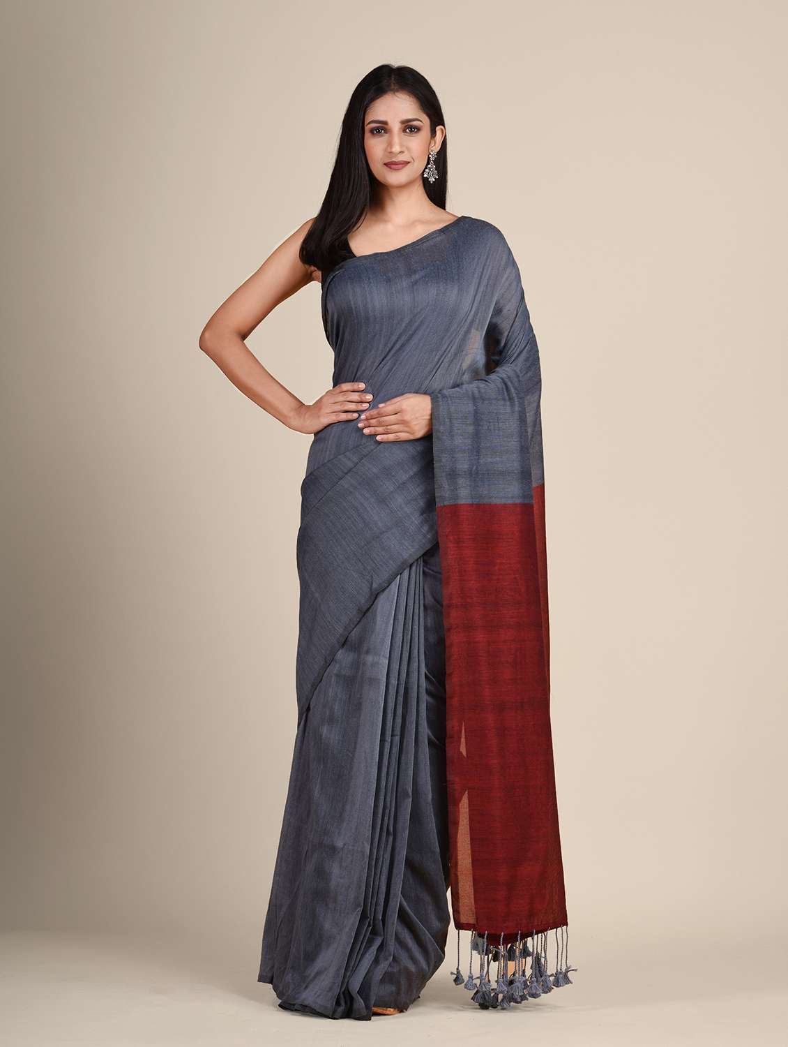 women's solid grey colored saree with blouse
